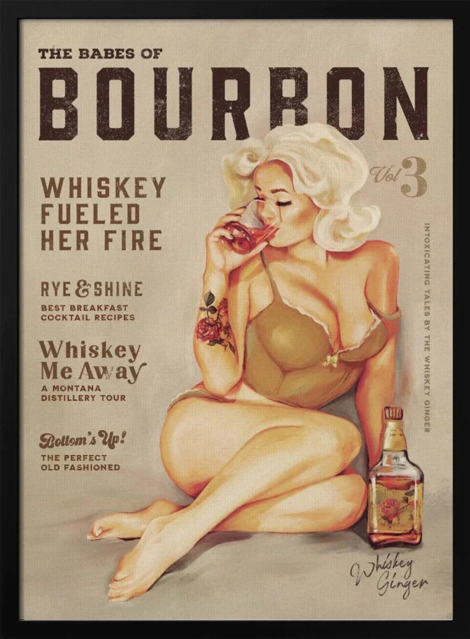 Bourbon Wall Art. Sexy Vintage Pin Up Girl Drinking Whiskey - The Whiskey Ginger 24x36 Framed Art | Home or Office Art
